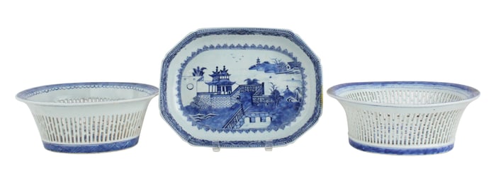 Two Chinese Blue Canton Reticulated Bowls