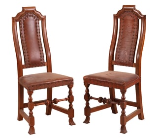 Pair of William and Mary Style Carved Maple Leather-Back Side Chairs