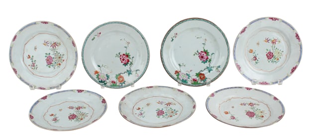Seven Chinese Export Floral-Decorated Plates