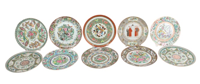 Ten Assorted Rose Canton Porcelain Plates