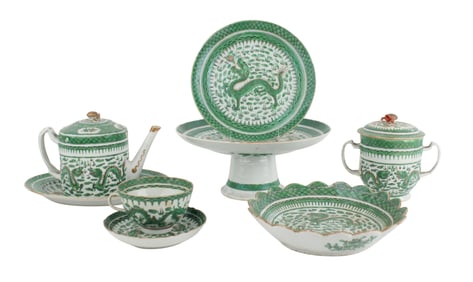 Group of Chinese Famille Verte Green Dragon Dinnerware