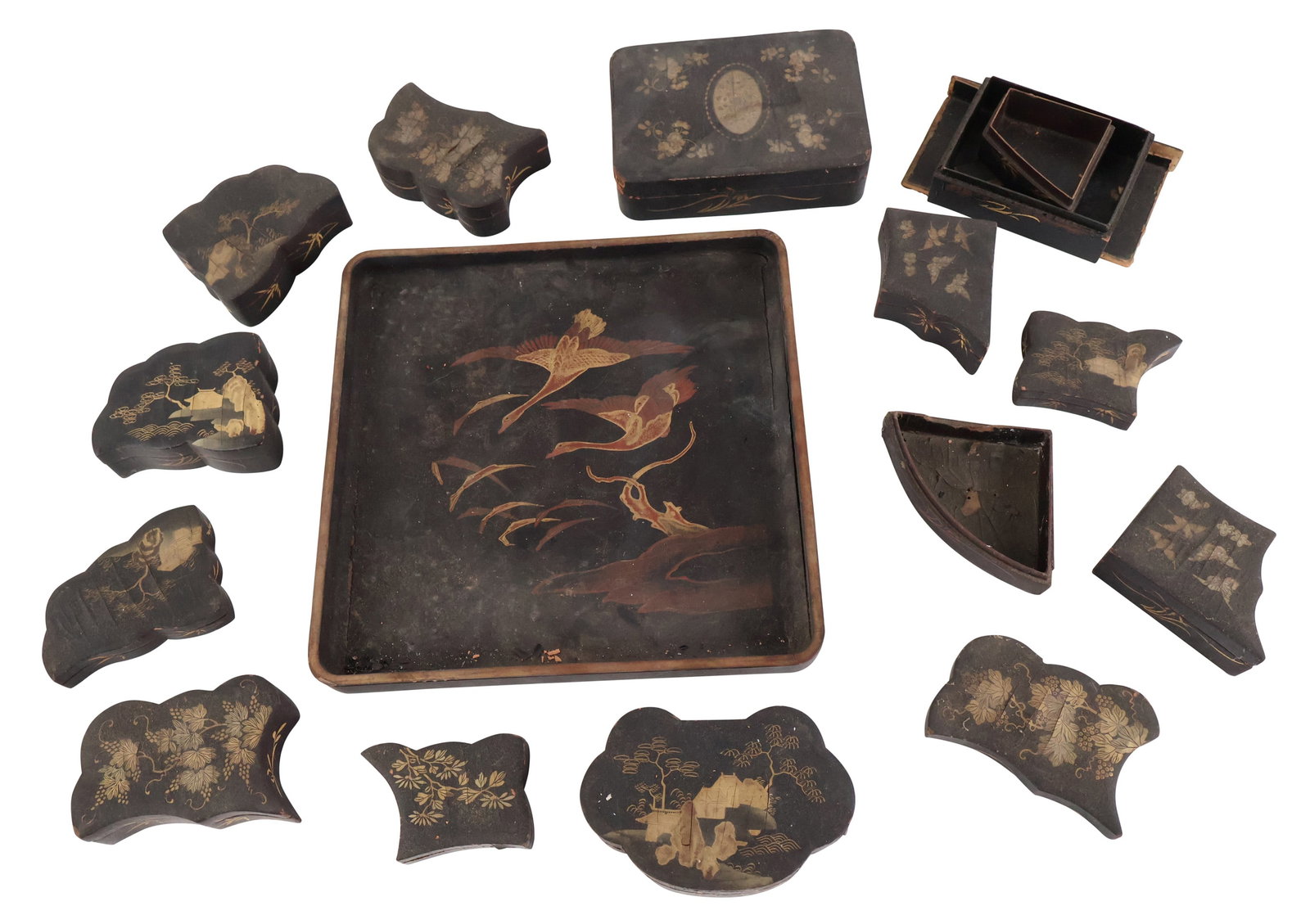 Group of Black and Gilt Lacquer Boxes (1 of 14)