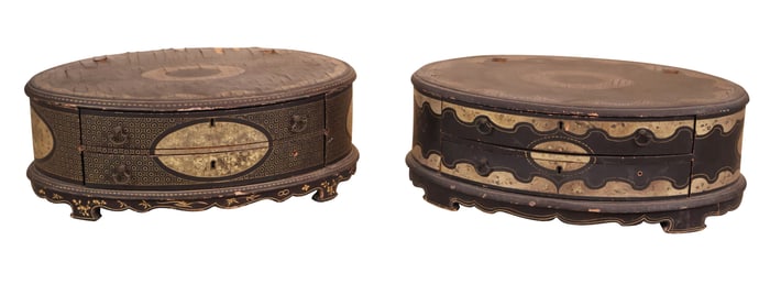 Two Chinese Export Black and Gilt Lacquer Dressing Mirror Stands