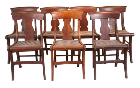 Set of Seven Empire Figured Maple Cane Seat Sabre Leg Side Chairs