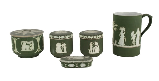 Five Wedgwood Green Jasperware Table Articles