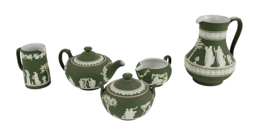 Five Wedgwood Green Jasperware Table Articles