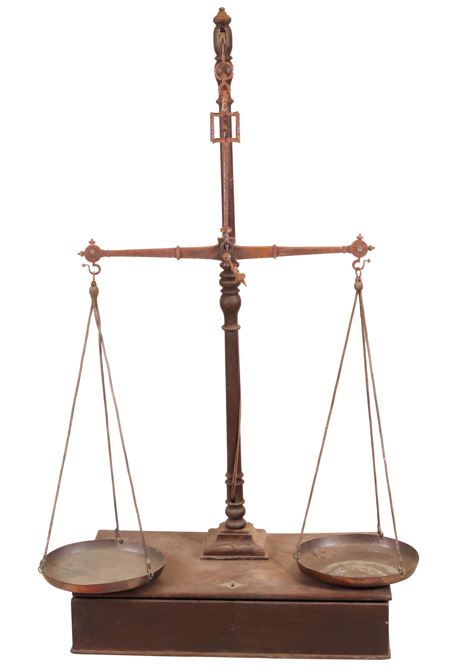 George III Steel and Oak Balance: George III Steel and Oak BalanceUnsigned, English, c.1800. Of impressive size. The hinged lid opening to a divided base.56 x 27 x 17 in. (142.2 x 68.6 x 43.2 cm.)