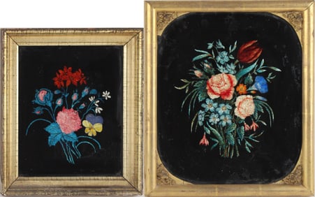 Two Reverse Painted Tinsel Floral Still Life's