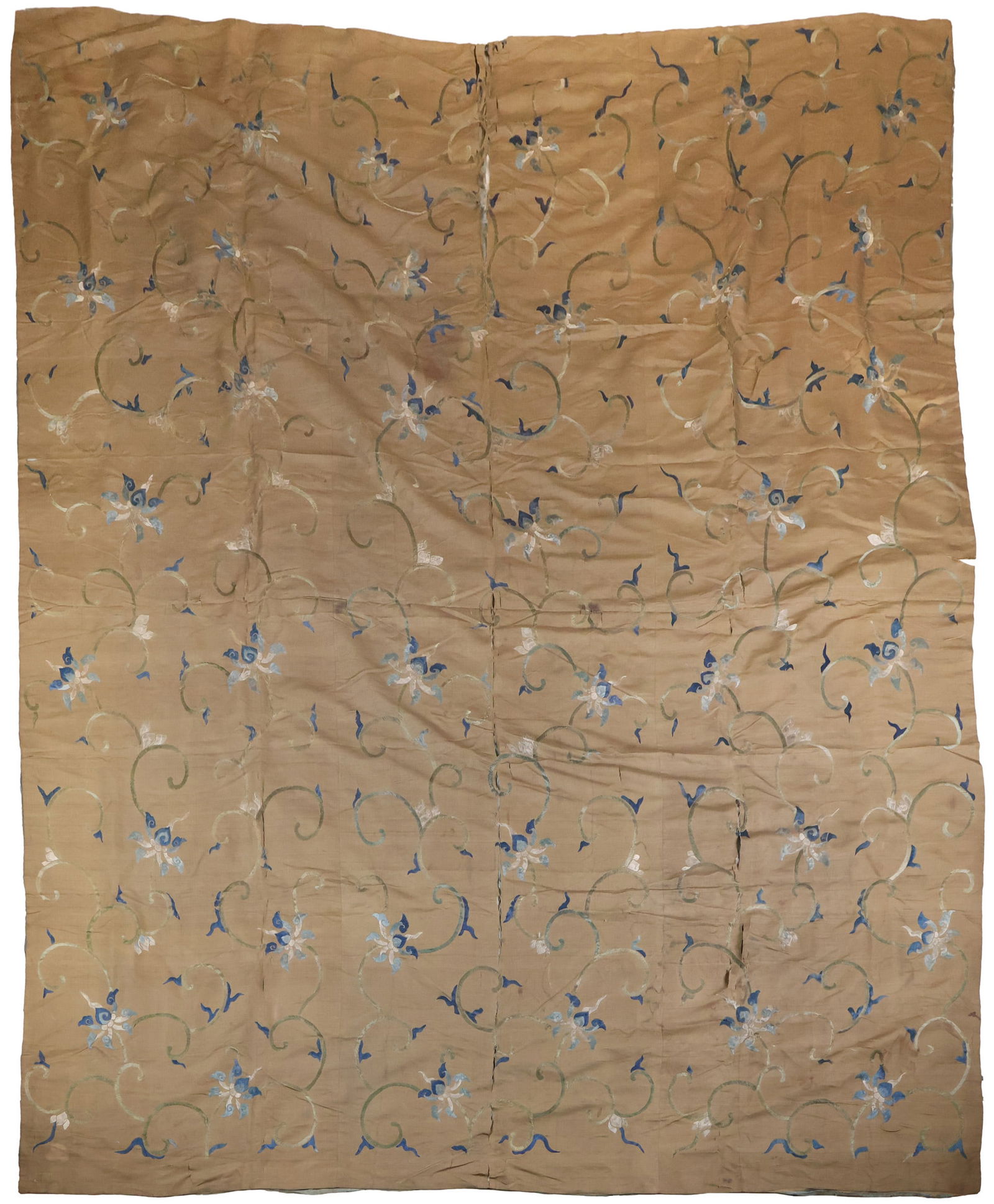 Asian Silk Embroidered Fabric: Asian Silk Embroidered FabricFloral and vine decorated in olive greens, blues, and whites. Fragile with losses.76 x 80 in. (193 x 203.2 cm.)