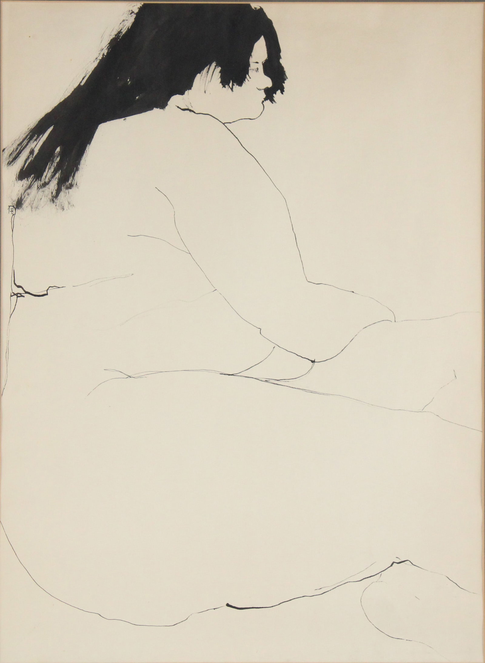 Sketch of Nude Woman, Ink on Paper: Sketch of Nude Woman Ink on Paper Paper label verso, "Babette" Jane De Jonge. Signed along top left edge. Creases to paper. Sight: 23 1/2 x 17 1/4 in. (59.7 x 43.8 cm.), Frame: 31 x 25 x 1 in. (78.7 x