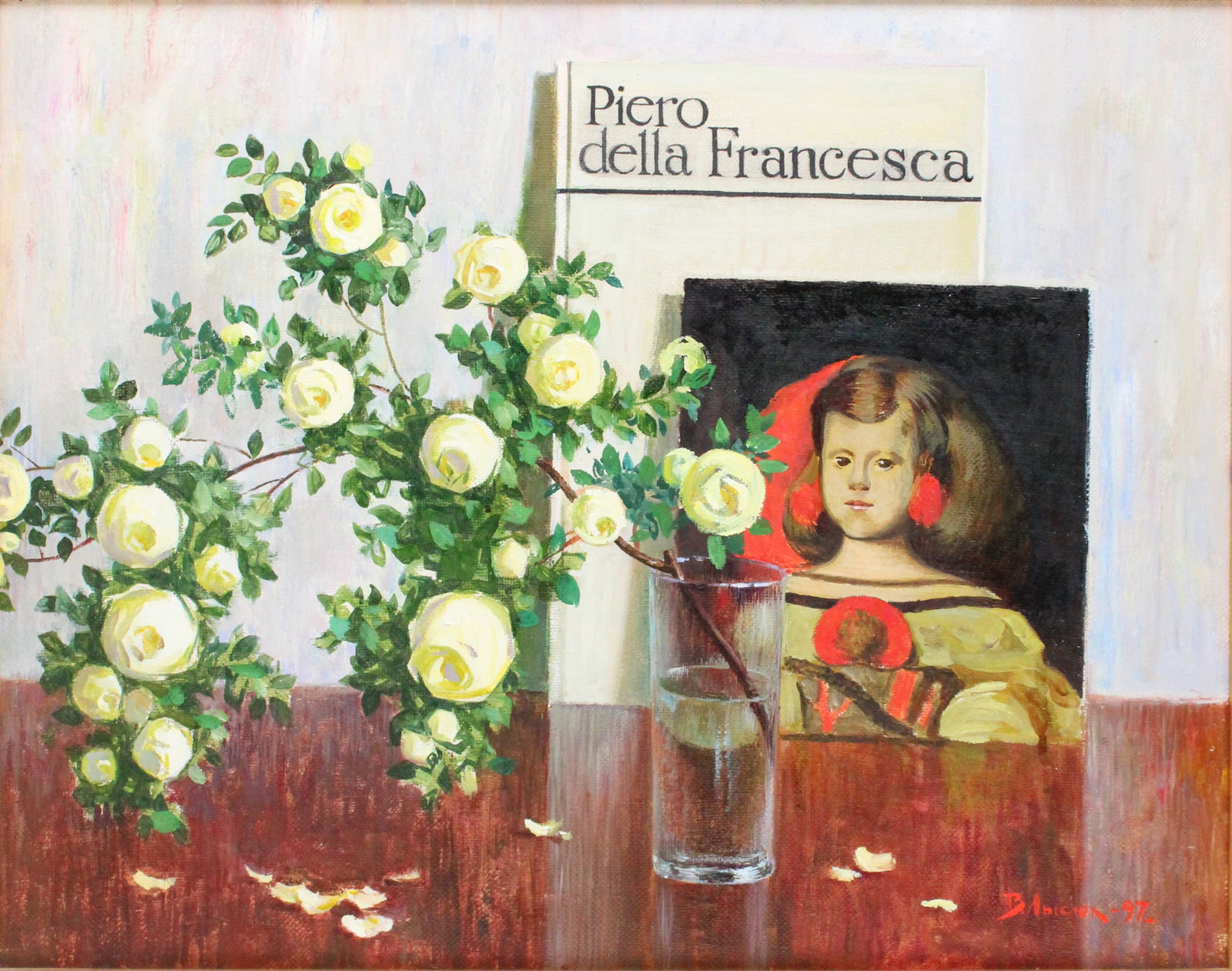 Victor Lyusyuk, Still Life of Flowers in Glass, Oil on Canvas: Victor Lyusyuk Still Life of Flowers in Glass Oil on Canvas Signed "B. Abiciok '97 (?)" also signed verso. Sight: 17 x 22 in. (43.2 x 55.9 cm.), Frame: 20 1/4 x 25 in. (51.4 x 63.5 cm.)