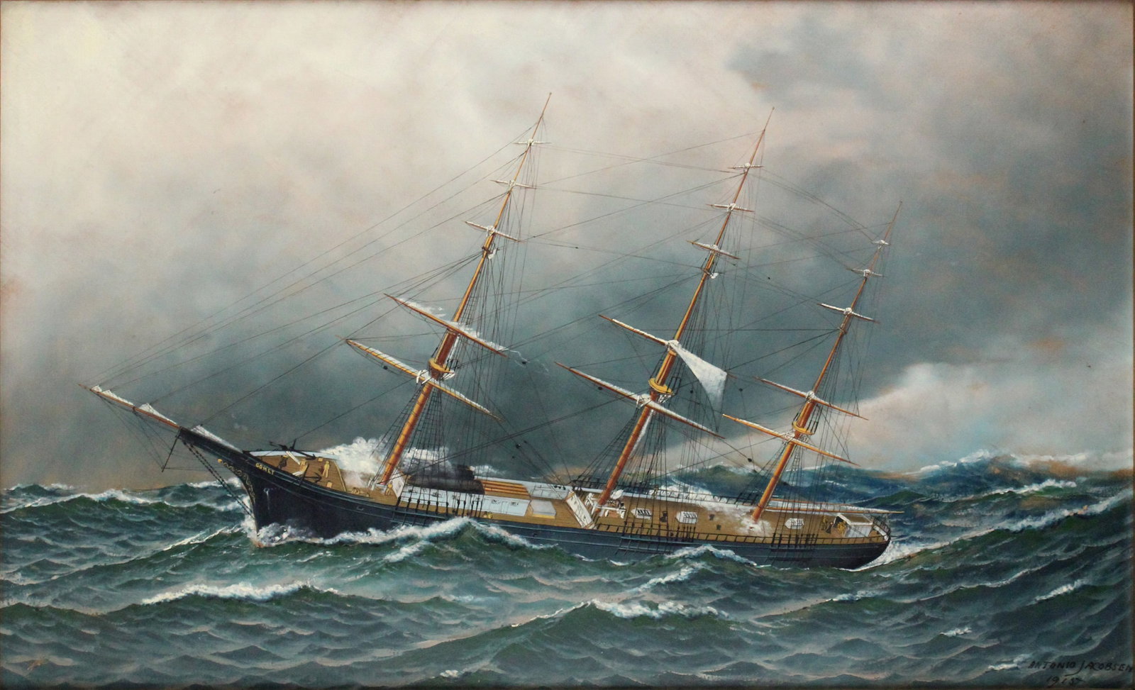 Antonio Jacobsen, Hoboken, NJ 1850-1921, Clipper Ship "Comet", Oil on Board: Antonio JacobsenHoboken, NJ, 1850-1921Clipper Ship "Comet"Oil on BoardSigned l.r. dated 1915. Depicting the three masted sailing vessel "Comet". The Comet was described as an extreme clipper.Sight: 21