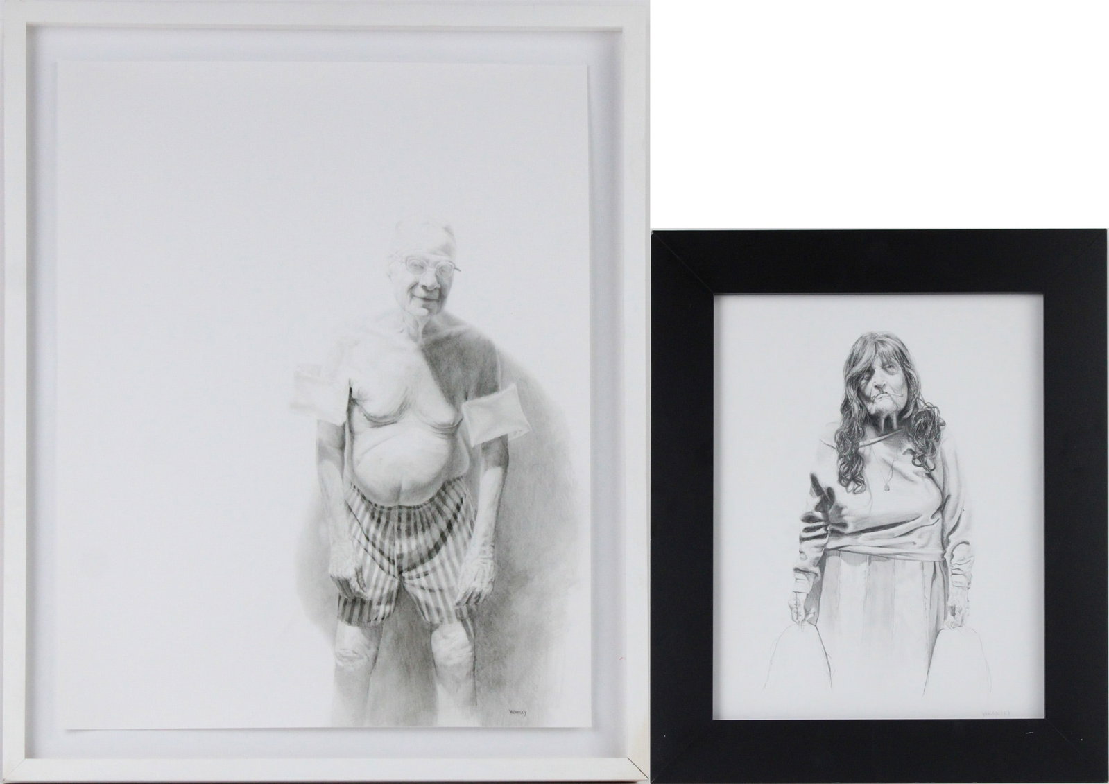 Jason Bard Yarmosky, Two Portraits, Pencil on Paper: Jason Bard Yarmosky Two Portraits Pencil on Paper Both signed l.r., one of an old woman in a cheerleading outfit, and one of an old in a swimsuit. Sight: 20 x 16 in. (50.8 x 40.6 cm.), Frame: 23 1/4 x