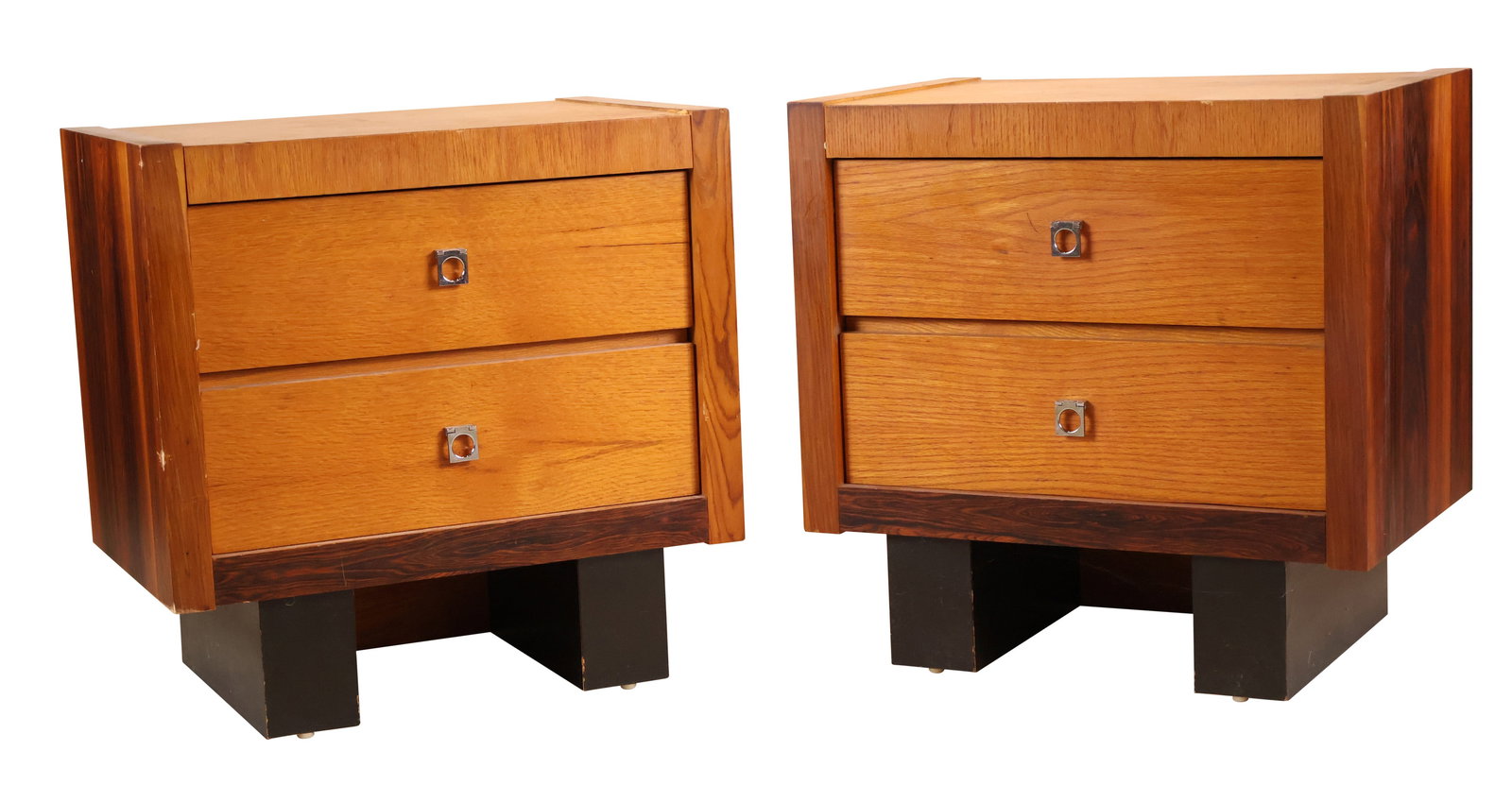 Pair of Modern Oak and Walnut Nightstands: Pair of Modern Oak and Walnut Nightstands20th/21st C.Surface distress and wear.25 1/2 x 25 1/2 x 17 in. (64.8 x 64.8 x 43.2 cm.)