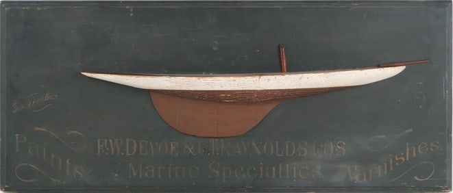 Vintage Half-Hull Made of a Sailboat "Columbia" on a Marine Painter's Sign Board