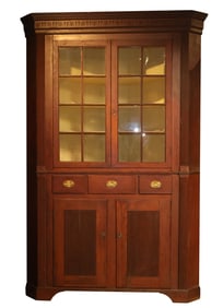 Federal Red Stained Cherrywood Two Part Corner Cabinet