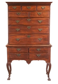 Queen Anne Carved Figured Maple High Chest of Drawers
