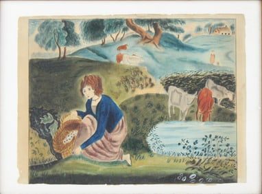 Girl Gathering Flowers, Watercolor on Paper