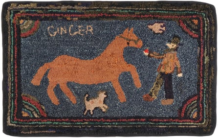 Framed Pictorial Hooked Rug of Man with Horse