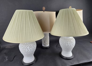 Two Pairs of Chinese White Porcelain Reticulated Lamps
