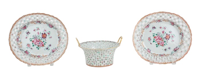 Chinese Export Reticulated Double Handled Round Basket