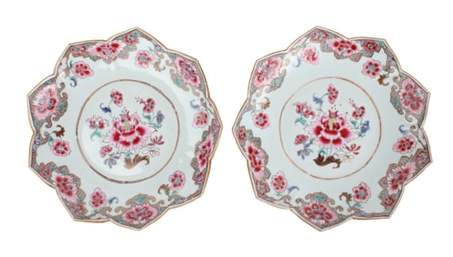 Two Famille Rose Lotus-Form Dishes