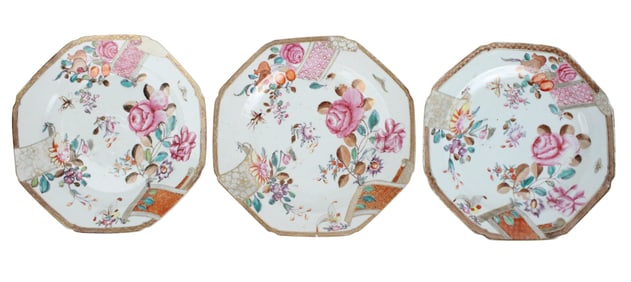 Three Chinese Export Octagonal Porcelain Plates