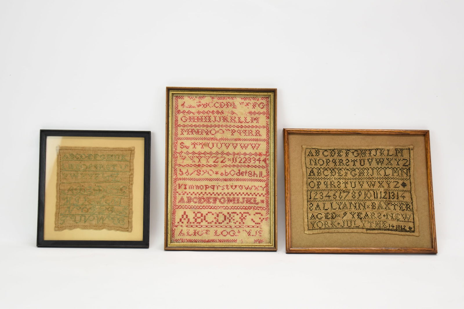 Sampler By Sally Ann Baxter Dated 1812: Sampler By Sally Ann Baxter Dated 1812Sampler By Sally Ann Baxter Dated 1812, together with two other antique samplers, all in wood frames; used condition, wear/worn, surface distress, faded, discolor