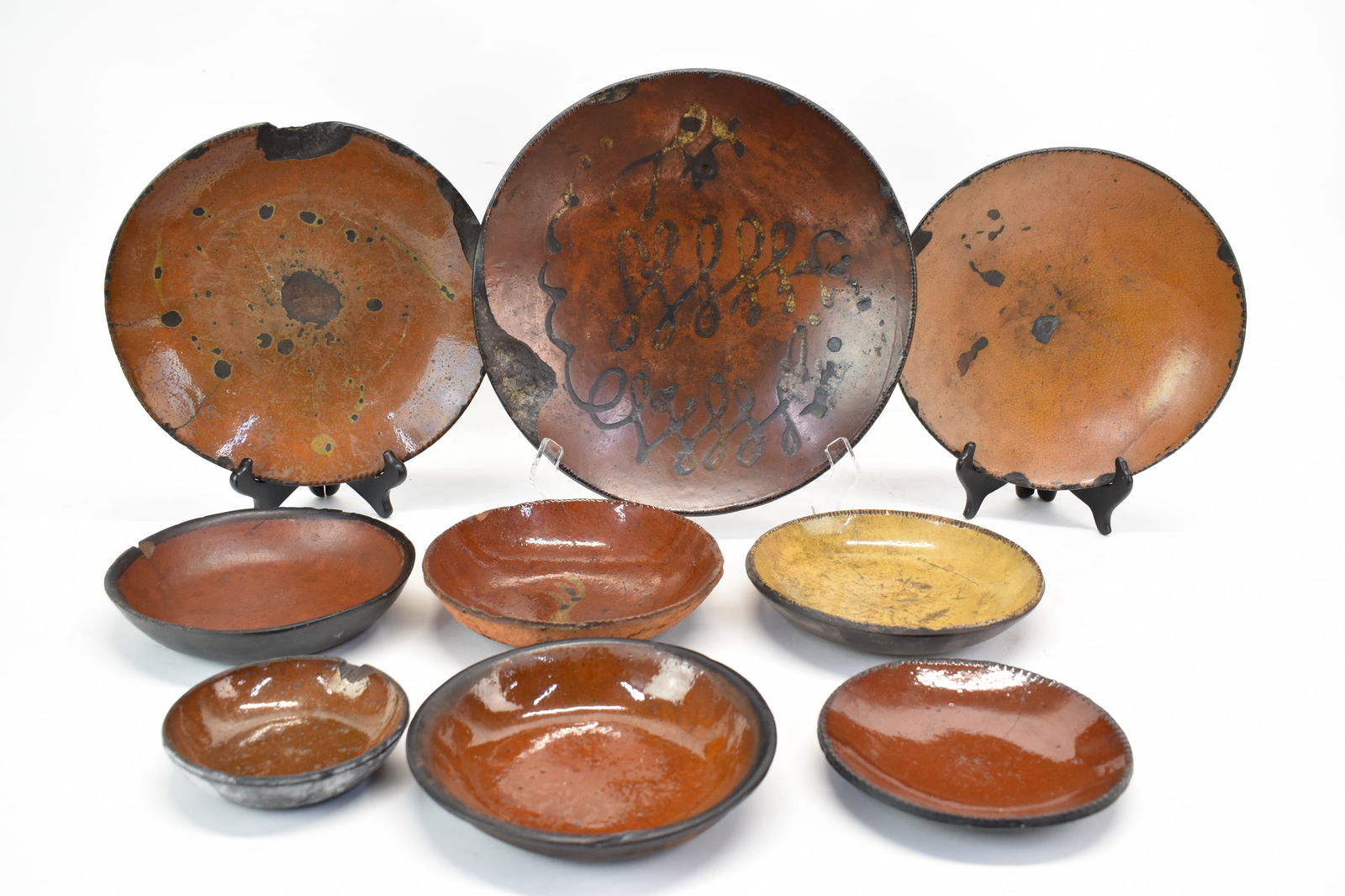 Antique Group of Nine Redware Charger, Plates and Bowls (1 of 16)