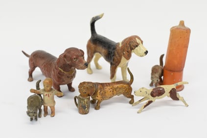 Group of 6 Assorted Painted Metal Cats and Dog