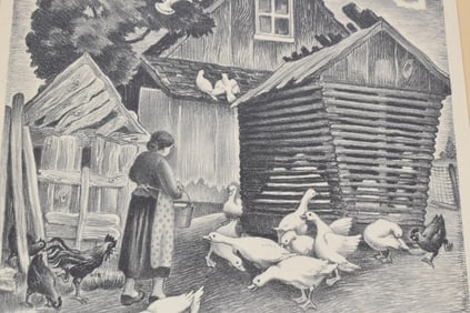 Vintage Mabel Dwight Lithograph of Barn Yard