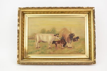 Antique Oil on Board of Cows in Landscape