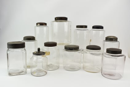 Antique Group of 12 Colorless Glass Canisters