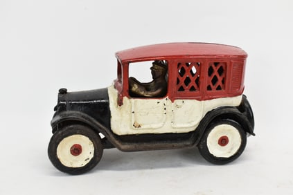 Vintage Arcade Red Top Taxi Cast Iron Bank