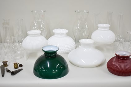 Large Group of Assorted Glass Chimneys and Shades