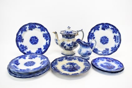 Group of 12 Assorted Flow Blue Plates