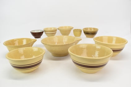 Group of Assorted 9 Yellowware Batter and Mixing Bowls