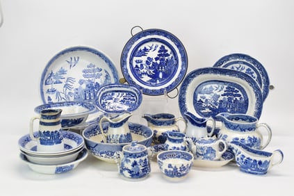 Group of 34 Assorted Blue and White Willow Table Articles