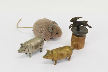 Two Vintage Metal Pigs Tape Measure and Match Safe