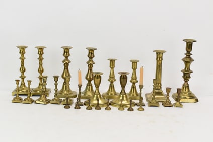 Large Group of Assorted Brass Candlesticks