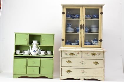 Vintage Child's Stencil-Decorated Hutch Cabinet