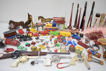 Vintage Group of Assorted Toys, Metal Cars, Noise Makers