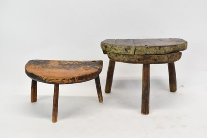 Two Antique Three Legged Milk Stools