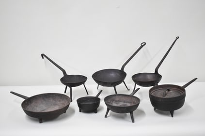 Seven Assorted Cast and Wrought Iron Spider Skillets