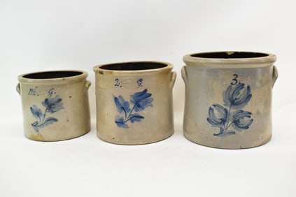 Three Union Pottery Floral Decorated Stoneware Crocks