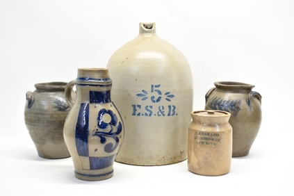 Group of Five Assorted Stoneware Jars, Pitcher and Crock