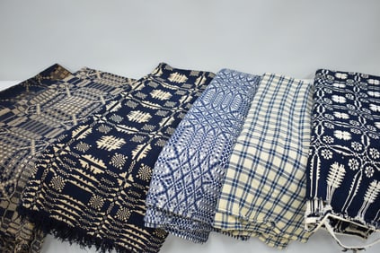 Antique Blue and White Jacquard Coverlet