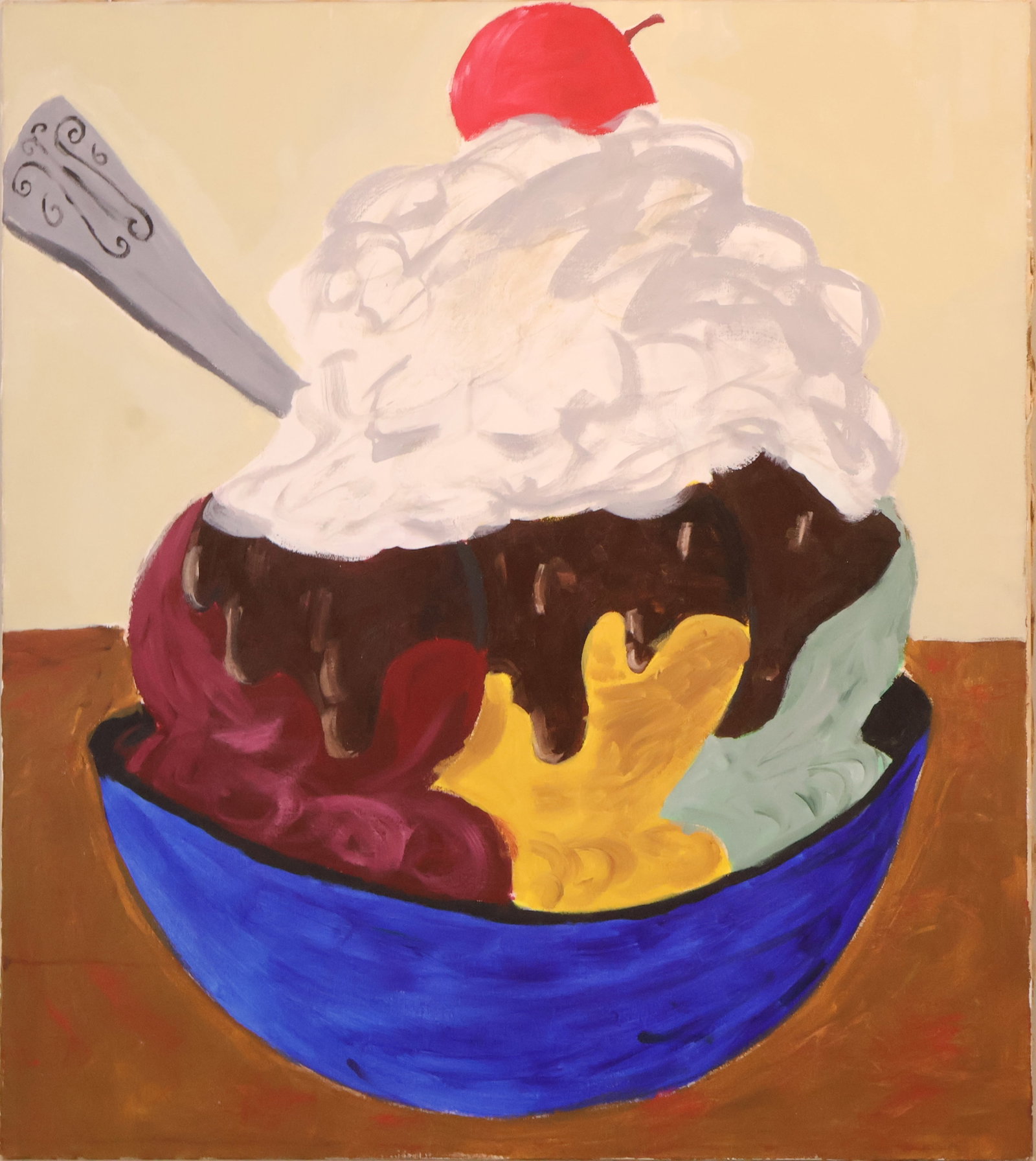 Bowl of Ice Cream, Acrylic on Canvas: Bowl of Ice Cream Acrylic on Canvas Appears to be unsigned. 40 x 36 in. (101.6 x 152.4 cm.)
