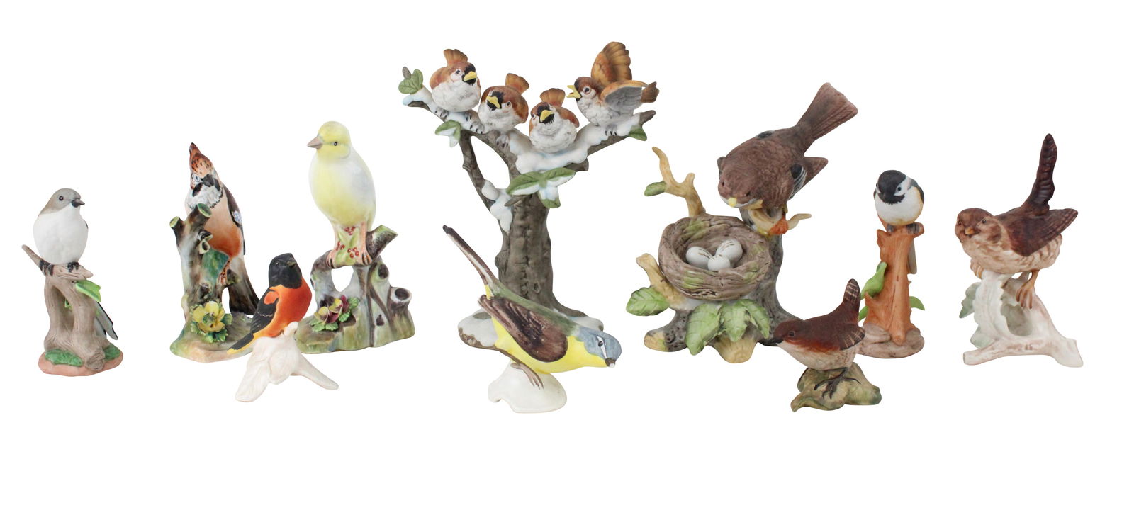 Ten Songbird Porcelain Figurines: Ten Songbird Porcelain FigurinesIncluding, Royal Crown, Goebel, Adderley, and Beeswick.Losses.Tallest: 6 1/2 x 6 in. (16.5 x 15.2 cm.)