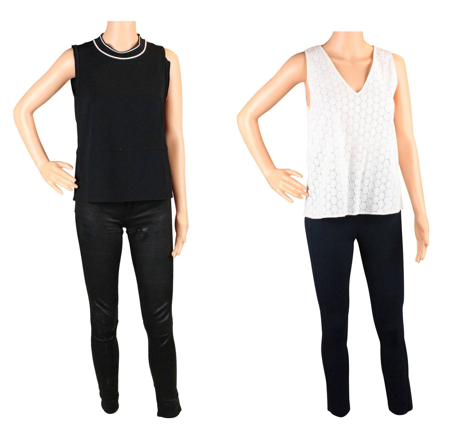 Group of Four Rag & Bone Separates: Group of Four Rag & Bone SeparatesComprising, a black knit tank top, size XS, a pair of black lamb leather pants, a pair of navy pull on pants, size 0, and a cream lace tank top, size S.Wear associate